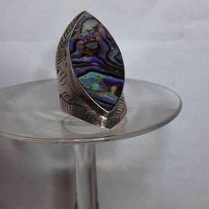 Ginormous Vintage Feathered Scrollwork Sterling Abalone Statement Ring  8.5-8.75